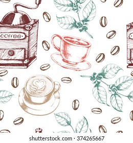 Vector seamless coffee background with cup of cappuccino, cup of espresso, vintage coffee mill, branch of coffee, coffee beans. Ink drawn vector illustration in vintage style.