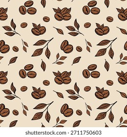 Vector seamless coffee beans and leaves pattern on beige background