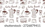 Vector seamless coffee break pattern with moka pot, espresso cup, coffee bean, takeaway cup, lettering on white background. Cozy cafe doodle texture for packaging, wallpaper, and kitchen decor design.