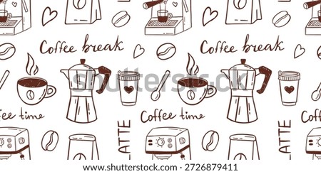 Vector seamless coffee break pattern with moka pot, espresso cup, coffee bean, takeaway cup, lettering on white background. Cozy cafe doodle texture for packaging, wallpaper, and kitchen decor design.