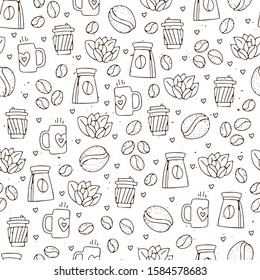 Vector seamless coffee pattern with coffee beans and leaves, sack of coffee seeds, cofe equipment. Hand draw cafe seamless pattern with light texture on white background