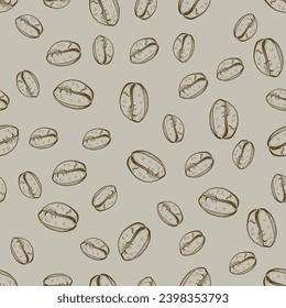 Vector seamless coffee pattern with coffee beans and leaves, sack of coffee seeds, cofe equipment. Hand draw cafe seamless pattern