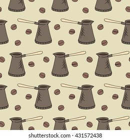vector seamless coffee pattern with coffee beans and cezve
