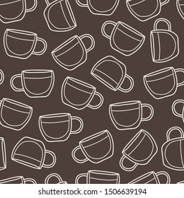 Vector seamless coffee pattern in brown. Simple coffee cups made into repeat. Great for background, wallpaper, wrapping paper, packaging, fashion, restaurant, cafe.
