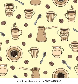 vector seamless coffee pattern with cups, coffee beans, spoons