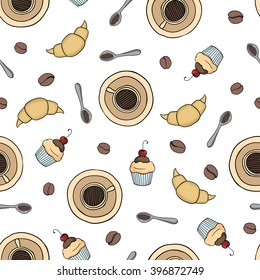 vector seamless coffee pattern with cups, coffee beans, spoons, cupcakes, croissants