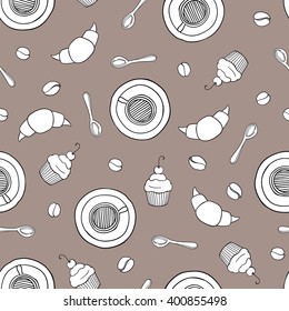 vector seamless coffee pattern with cups, coffee beans, spoons, cupcakes, croissants