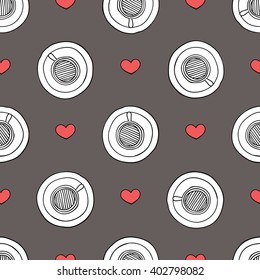 vector seamless coffee pattern with coffee  cups and hearts