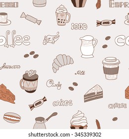 Vector seamless coffee pattern. Cute coffee icons. Food and drink elements. Use it as pattern fills, web page background, surface textures, fabric or paper, wrapping, backdrop design