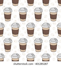 vector seamless coffee pattern with coffee to go paper cups and coffee bean background