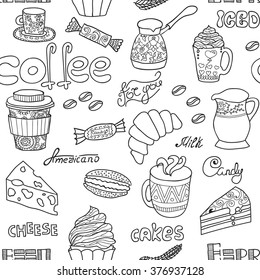 Vector seamless coffee pattern. Vector coffee icons. Cute coffee icons. Food and drink elements. Joy to adult colorists, who like art, relax and meditation.