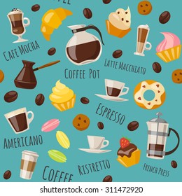 Vector seamless coffee pattern. Vector coffee icons.Flat coffee icons. Food and drink elements. 