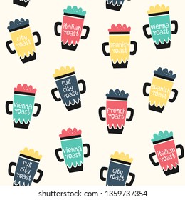 Vector seamless coffee pattern. Objects and degree of roasting. Doodle style