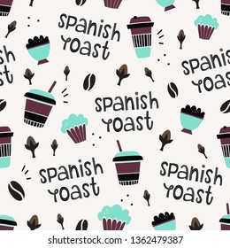 Vector seamless coffee pattern. Objects and degree of roasting. Doodle style
