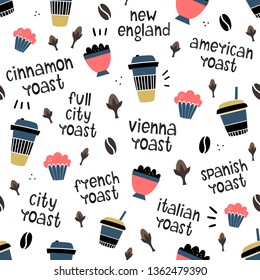 Vector seamless coffee pattern. Objects and degree of roasting. Doodle style