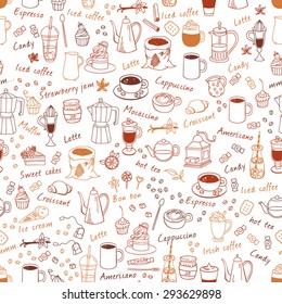 Vector seamless coffee, sweets and tea pattern