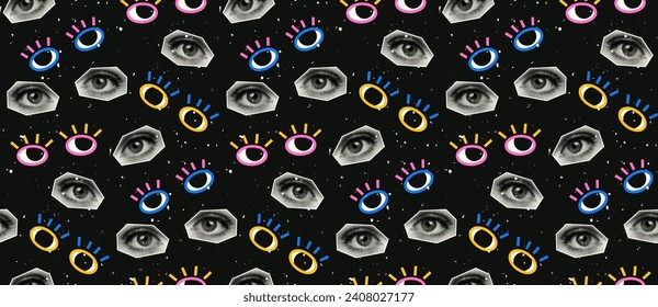 Vector seamless collage background. Pattern with halftone style eyes and eye designs. Vibrant modern print.