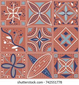 vector seamless collection of wonderful floral and geometric ornament pattern with terracotta and blue colors, leaves, dots, square, line, branch. perfect for pottery works, tile, textile and mosaic