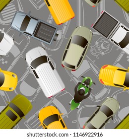 Vector seamless color background with gray and colored cars, motorcycle