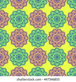 Vector Seamless Color Floral Mandala Pattern. Seamless pattern for your designs, invitation card, yoga, meditation, astrology, fabric and other mandala wrapped projects. Pattern in swatches panel.