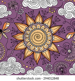 vector seamless color hand-drawn sunny pattern of spirals, swirls, doodles