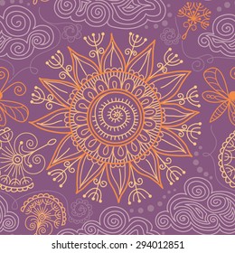vector seamless color hand-drawn sunny pattern of spirals, swirls, doodles