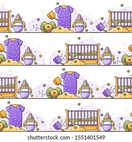 Vector seamless color pattern with baby accessories for newborn. Birth of a child, feeding and care. Use for backgrounds, wallpaper, wrapping paper, textiles. Linear style