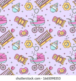 Vector de color sin fisuras con accesorios para bebés para recién nacidos. Nacimiento de un niño, alimentación y cuidado. Utilícelo para fondos, papel pintado, papel para envolver, textiles. Estilo lineal