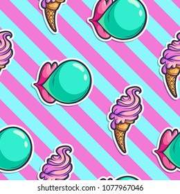 Vector seamless color pattern with cartoon bubble gum and ice cream isolated on white. Hand drawn texture with teen girl stickers in comics style.