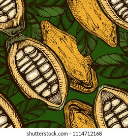 Vector seamless color pattern of a cocoa chocolate beans fruits. Vintage hand drawn grunge engraving style.