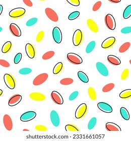 Vector seamless color pattern. Depicting coral, yellow and turquoise ovals with a black ring on a beautiful colored background