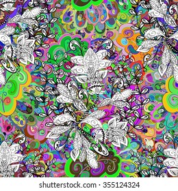 vector seamless color pattern of doodles and white flowers