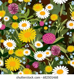 Vector seamless  color pattern of field flowers, camomile, wallpaper