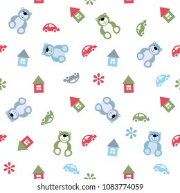 vector seamless color pattern houses, cars, teddy bears