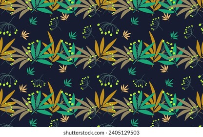 Vector seamless color pattern with leaves and grass. Natural pattern on a dark blue background.Pattern for textiles, wrapping paper and decoration.