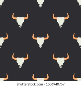 Vector seamless color pattern with simplified buffalo, bison skull. Wild west symbolic textile ornament. Background indian folkloric decoration. Festive texture authentic, ethnic wrapping gift paper.