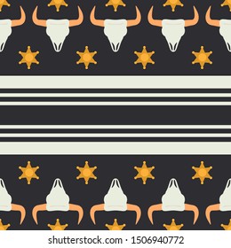 Vector seamless color pattern with simplified buffalo skull, sheriff star and stripes. Wild west cowboy symbolic textile ornament. Background american folkloric decoration ethnic wrapping gift paper.