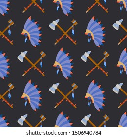 Vector seamless color pattern with simplified ceremonial chief crown, tomahawk, smoking pipe. Wild west symbolic textile ornament. Background indian folkloric decoration ethnic wrapping gift paper.