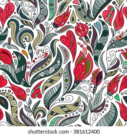 Vector seamless color pattern of spirals, swirls, doodles and flowers. Red  gray background,