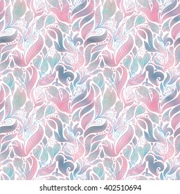 Vector seamless color pattern of spirals, swirls, doodles and flowers. Blue pink background,