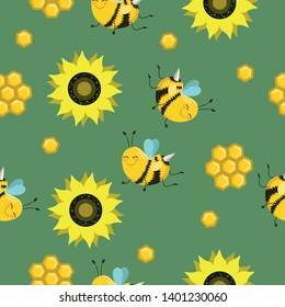 Vector seamless color pattern. Summer composition with honeycombs, bees, flowers. Use it as pattern fills, web page background, surface texture, fabric or paper, background design.