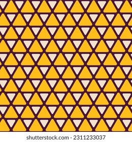 Vector seamless color pattern with triangles. Yellow and beige triangles with rounded corners, isolated on purple background. Vector color background.