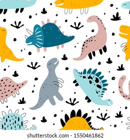 Vector seamless color repeating pattern with dinosaurs in Scandinavian style. Childish seamless pattern with hand-drawn dinosaurs. Vector illustration of dinosaurs. Vector stock illustration.