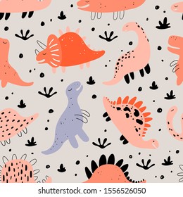 Vector seamless color repeating pattern with dinosaurs in Scandinavian style. Childish seamless pattern with hand-drawn dinosaurs. Vector illustration of dinosaurs. Vector stock illustration.