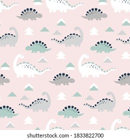 Vector seamless color repeating pattern with dinosaurs in Scandinavian style. Childish seamless pattern with hand-drawn dinosaurs. Vector illustration of dinosaurs. 