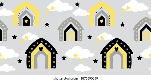 
Vector seamless color repeating pattern with houses. Childish seamless pattern with drawn rainbow houses. Pattern in yellow-gray color.