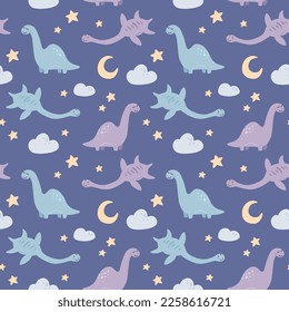 Vector seamless color repeating pattern with dinosaurs in Scandinavian style. Childish seamless pattern with hand-drawn dinosaurs. Vector illustration of dinosaurs. Vector stock illustration.