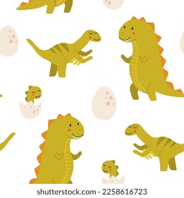 Vector seamless color repeating pattern with dinosaurs in Scandinavian style. Childish seamless pattern with hand-drawn dinosaurs. Vector illustration of dinosaurs. Vector stock illustration.
