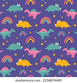 Vector seamless color repeating pattern with dinosaurs in Scandinavian style. Childish seamless pattern with hand-drawn dinosaurs. Vector illustration of dinosaurs. Vector stock illustration.
