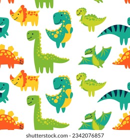 Vector seamless color repeating pattern with dinosaurs in a bright cartoon style. Children's seamless pattern with hand-drawn dinosaurs. Vector illustration of dinosaurs